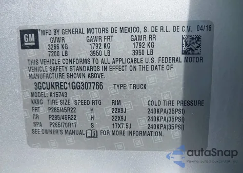 2016 Chevrolet Silverado 1500 2Lt from USA, damaged, VIN 3GCUKREC1GG307766